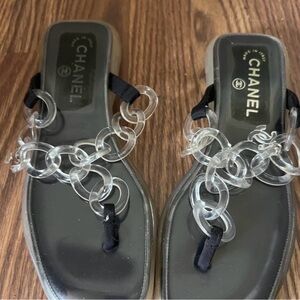 Chanel Women's Black Sandals with Clear Chain Accents